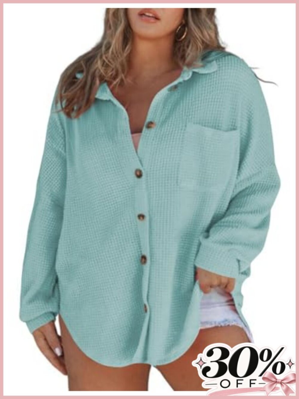Women Plus Size Waffle Knit Button Down Boyfriend Shacket Oversized Tunic Top
